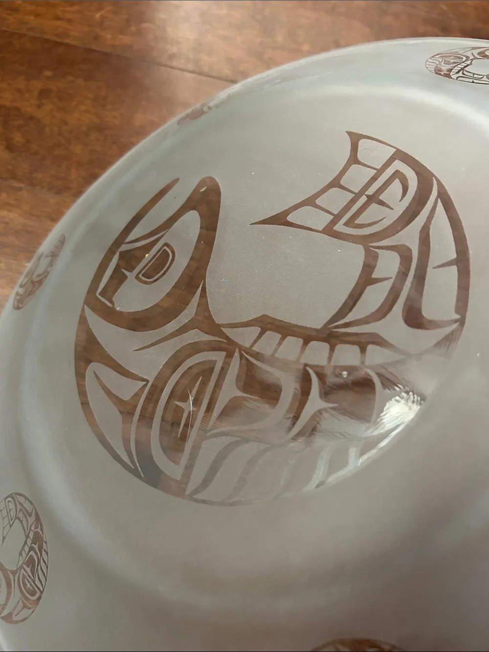 Native Canadian Art, Salmon Clear and Frosted Glass Plate with Salmon Fish